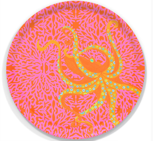 Medium Round Tray: Dancing Octopus on Pink Coral **Limited Edition**