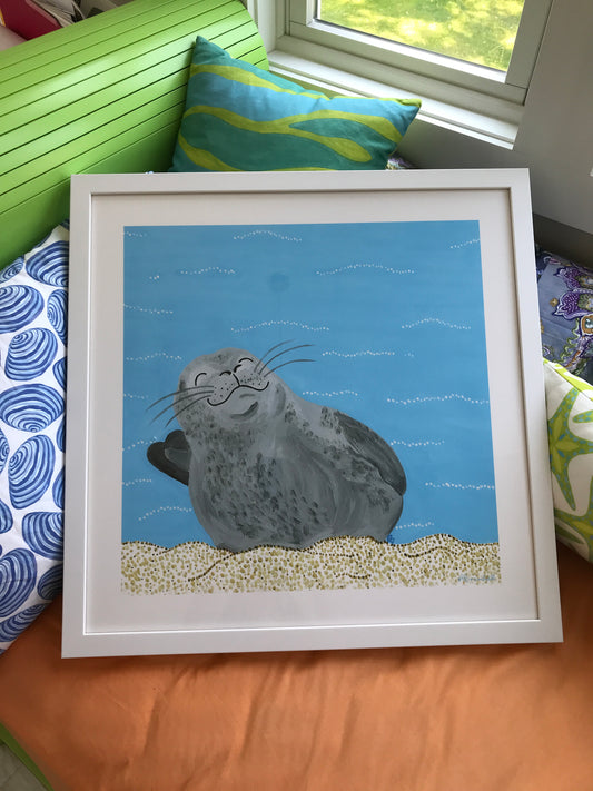 Happy Seal Giclee Framed to 24x24