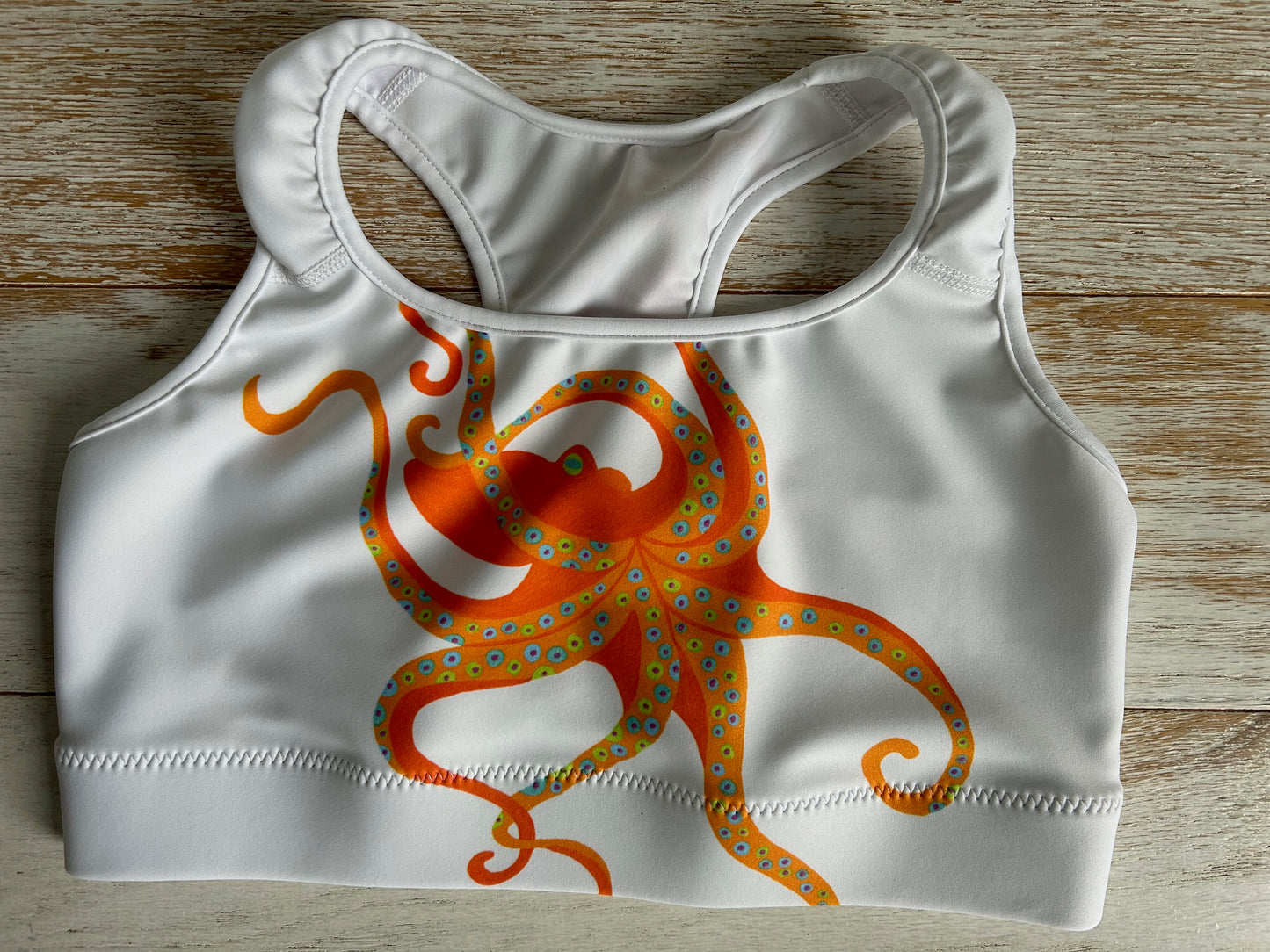 Dancing Octopus on White Sports Bra