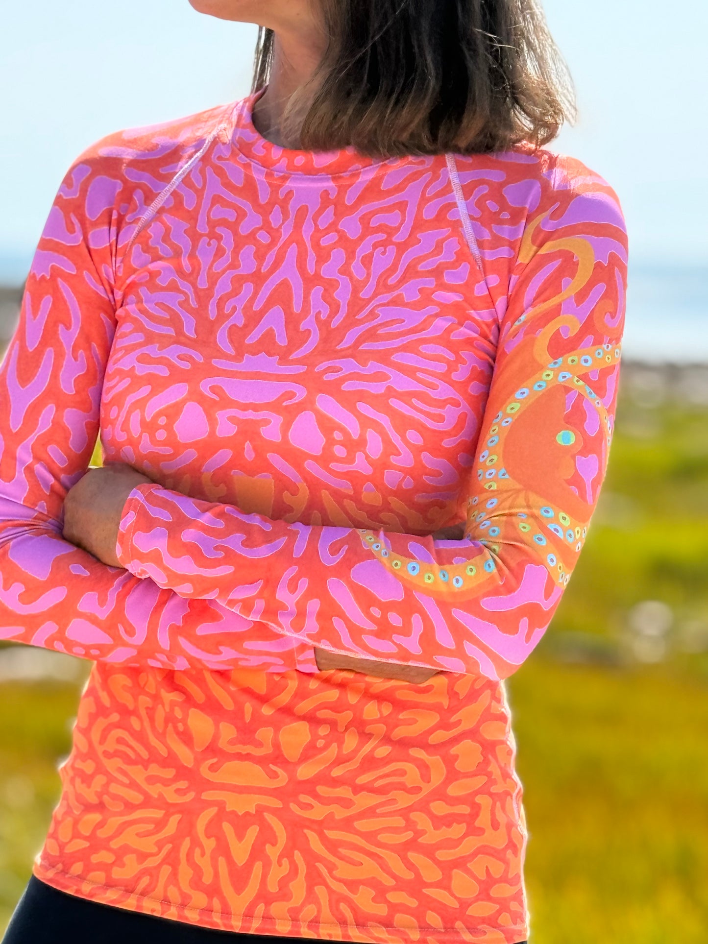 Pink-Orange Coral Octopus Rash Guard Top