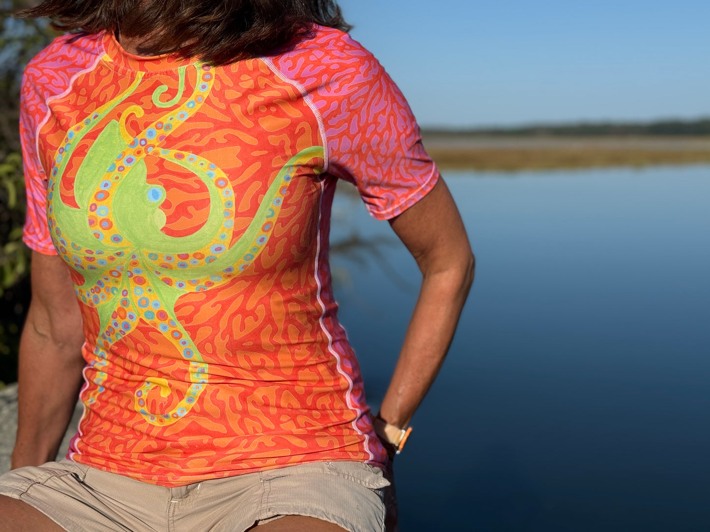 NEW! Short Sleeve Pink-Orange Coral Octopus Rash Guard Top